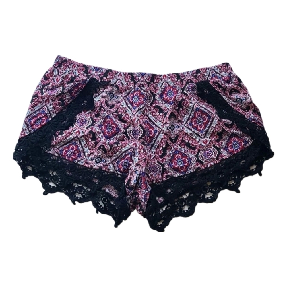Y2K Full Tilt Shorts Bohemian Purple Print Black Lace Trim Elastic Short M